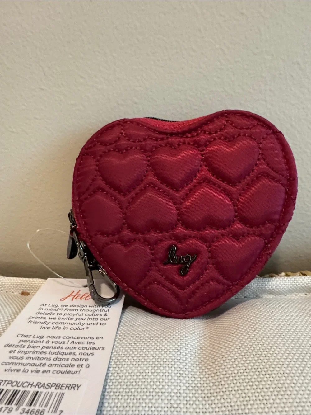lug Heart-Shaped Quilted Coin Pouch in Raspberry NWT